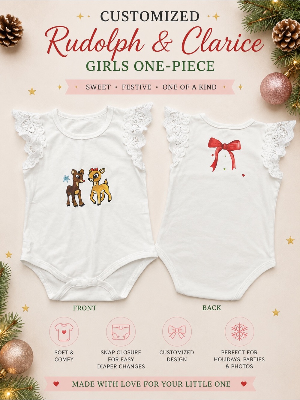 Custom White Girls One-Piece Bodysuit with Rudolph & Clarice Design